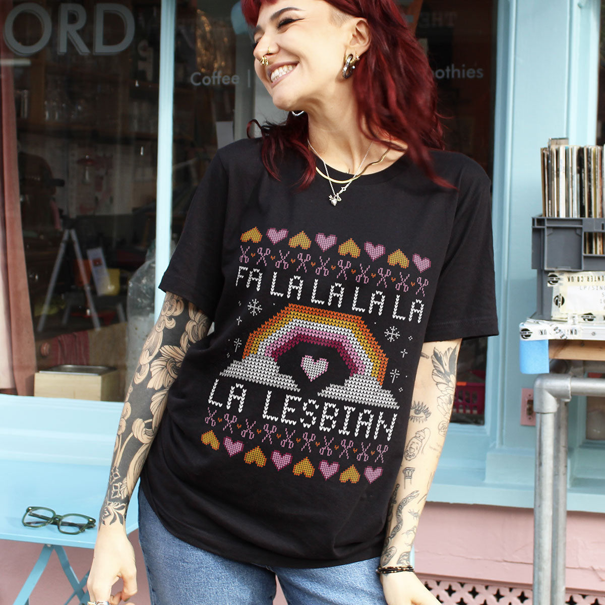 Fa-La-La Lesbian Ugly Christmas T-Shirt-Feminist Apparel, Feminist Clothing, Feminist T Shirt, BC3001-The Spark Company