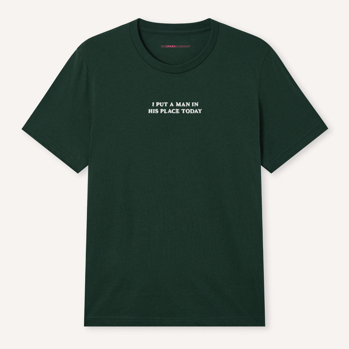 I Put A Man In His Place Today Embroidered T-Shirt-Feminist Apparel, Feminist Clothing, Feminist T Shirt, BC3001-The Spark Company