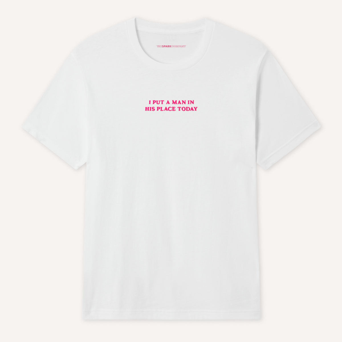 I Put A Man In His Place Today Embroidered T-Shirt-Feminist Apparel, Feminist Clothing, Feminist T Shirt, BC3001-The Spark Company