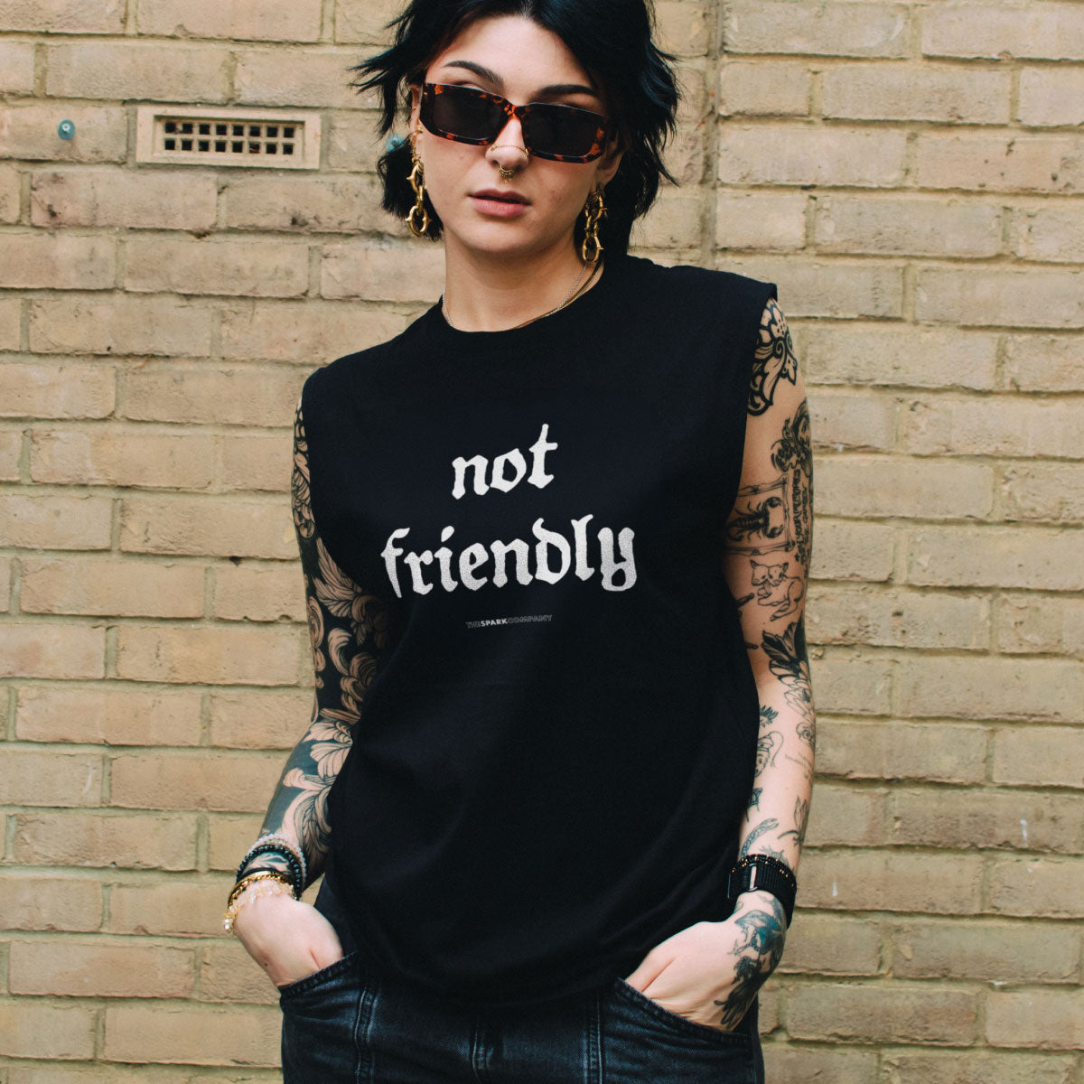 Not Friendly Sleeveless T-Shirt-Feminist Apparel, Feminist Clothing, Feminist Sleeveless T Shirt, EP01S-The Spark Company