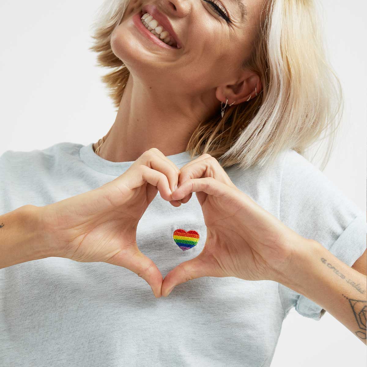 Rainbow Heart Embroidery Detail T-Shirt-LGBT Apparel, LGBT Clothing, LGBT T Shirt, BC3001-The Spark Company