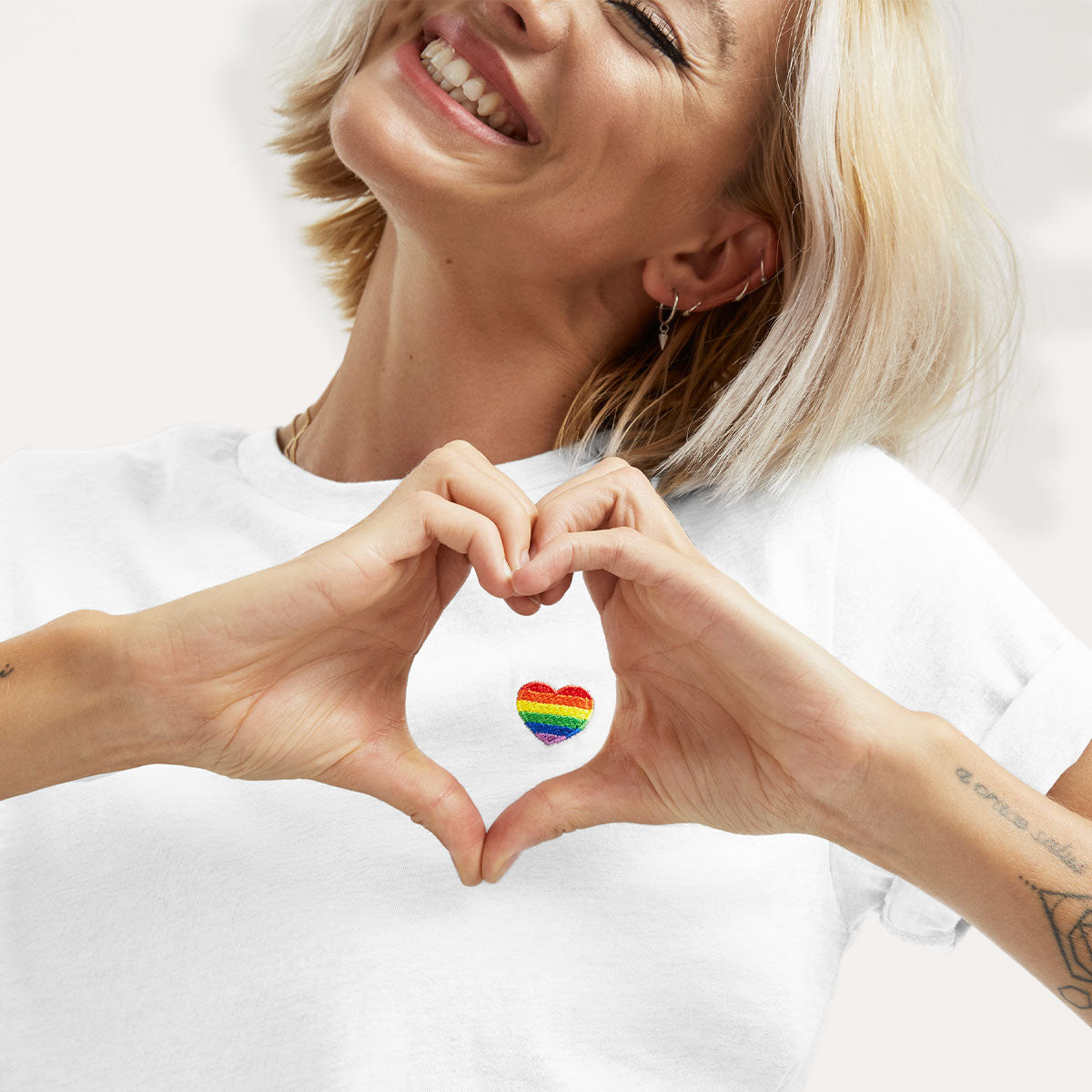 Rainbow Heart Embroidery Detail T-Shirt-LGBT Apparel, LGBT Clothing, LGBT T Shirt, BC3001-The Spark Company