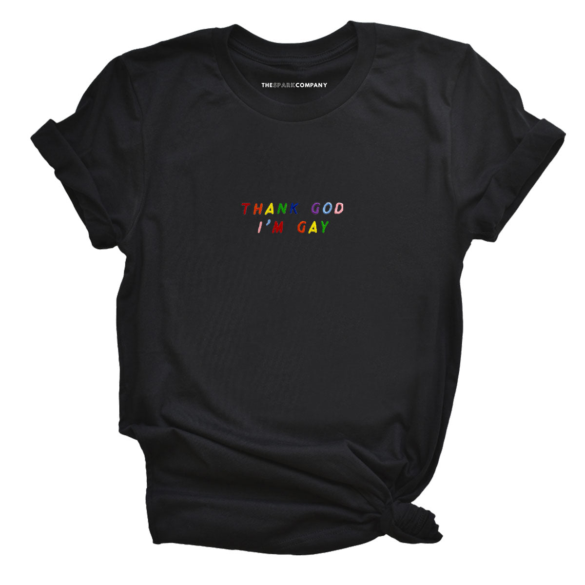 Thank God I'm Gay Embroidery Detail T-Shirt-LGBT Apparel, LGBT Clothing, LGBT T Shirt, BC3001-The Spark Company