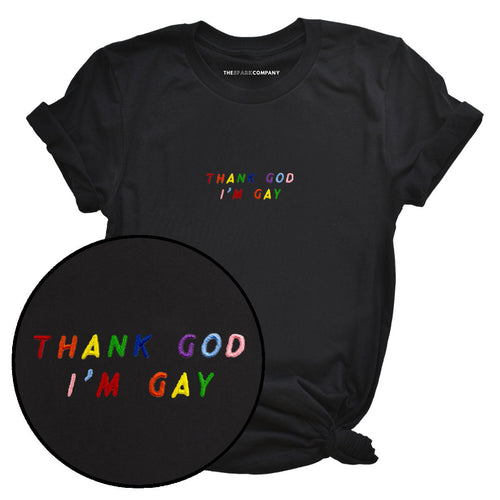 Thank God I'm Gay Embroidery Detail T-Shirt-LGBT Apparel, LGBT Clothing, LGBT T Shirt, BC3001-The Spark Company