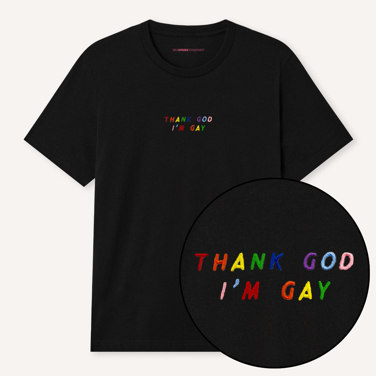 Thank God I'm Gay Embroidery Detail T-Shirt-LGBT Apparel, LGBT Clothing, LGBT T Shirt, BC3001-The Spark Company