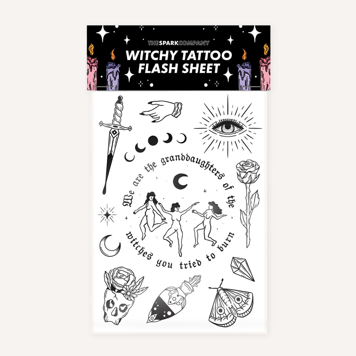 Witchy Tattoo Transfer Sheet-Feminist Apparel, Feminist Gift, Feminist Temporary Tattoo Sheet-The Spark Company
