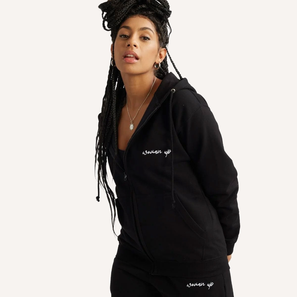 Woman Up Embroidered Detail Zipped Hoodie-Feminist Apparel, Feminist Clothing, Feminist Zoodie, JH050-The Spark Company