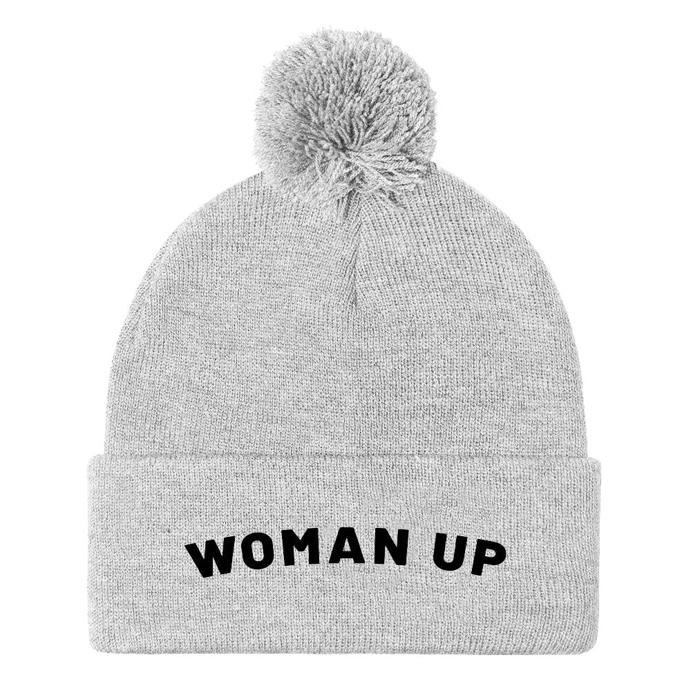 Woman Up Embroidered Pom Pom Beanie Hat-Feminist Apparel, Feminist Gift, Feminist Pom Pom Beanie Hat, BB426-The Spark Company