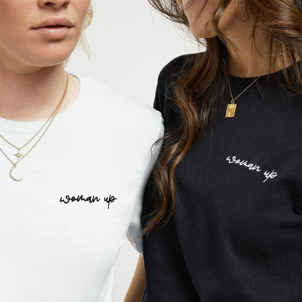 Woman Up Embroidery Detail T-Shirt-Feminist Apparel, Feminist Clothing, Feminist T Shirt, BC3001-The Spark Company