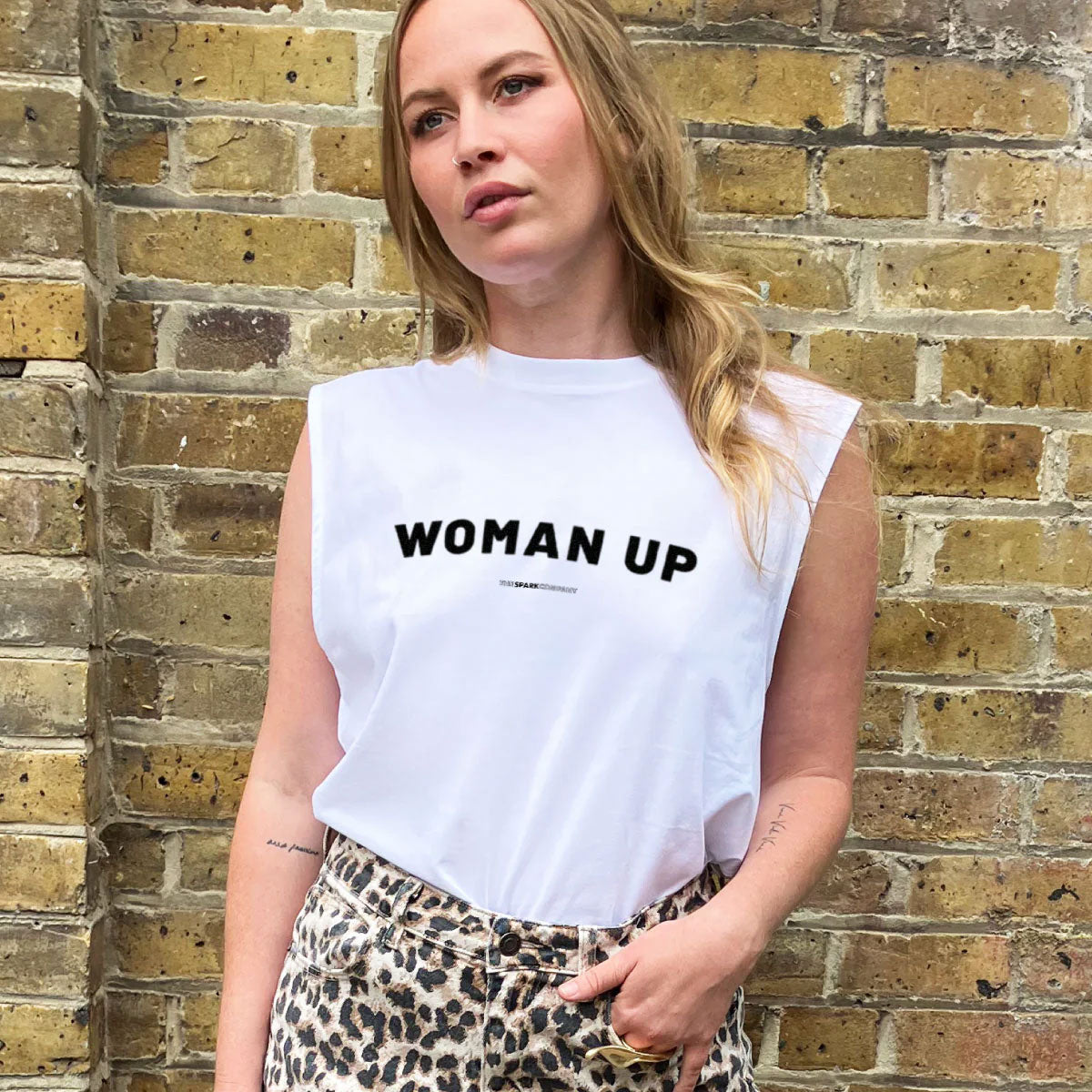 Woman Up Sleeveless T-Shirt-Feminist Apparel, Feminist Clothing, Feminist Sleeveless T Shirt, EP01S-The Spark Company