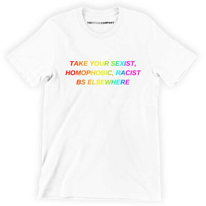 Take Your BS Elsewhere Rainbow Men's T-Shirt-Feminist Apparel, Feminist Clothing, Men's Feminist T Shirt, BC3001-The Spark Company