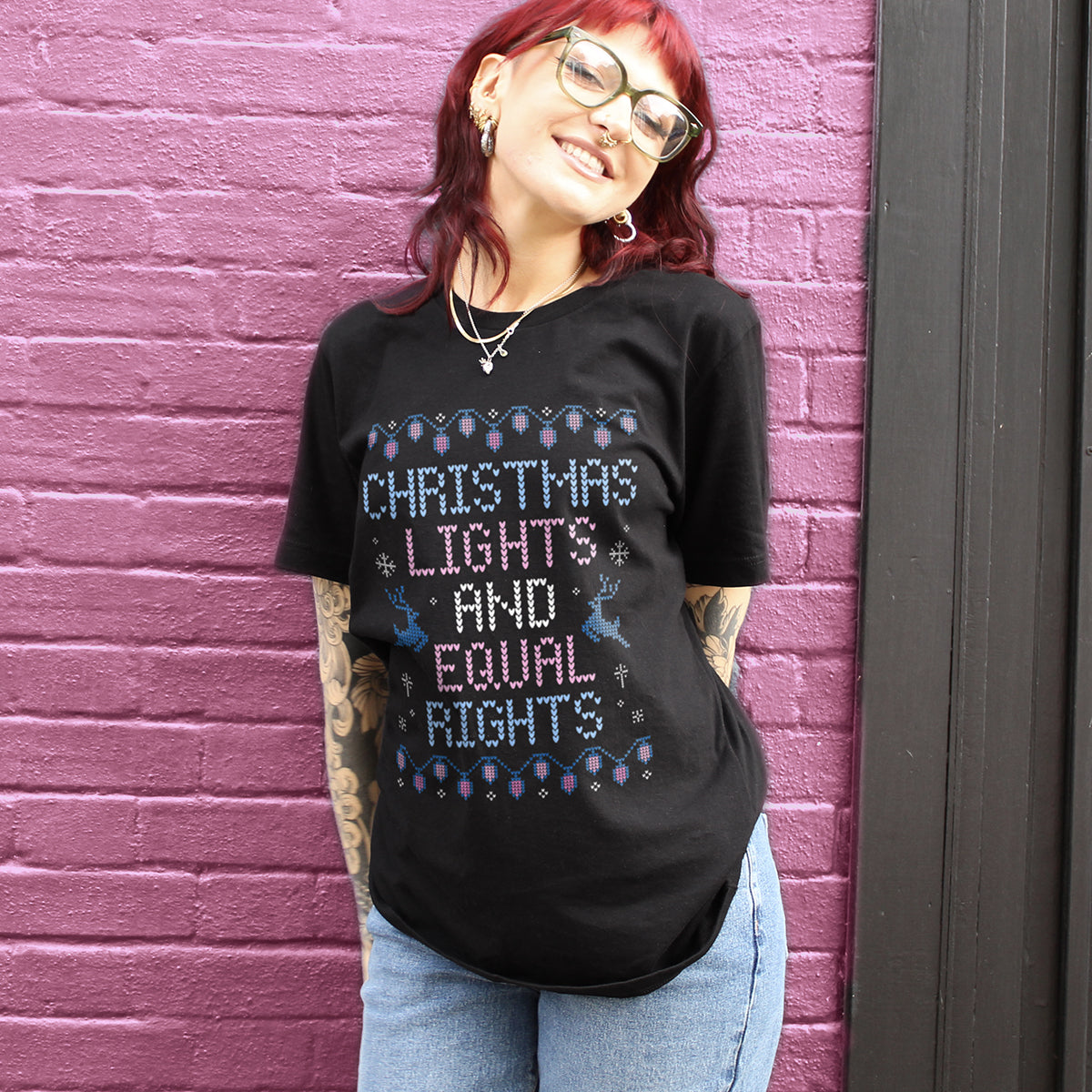 Christmas Lights And Equal Rights Ugly Christmas T-Shirt-Feminist Apparel, Feminist Clothing, Feminist T Shirt, BC3001-The Spark Company