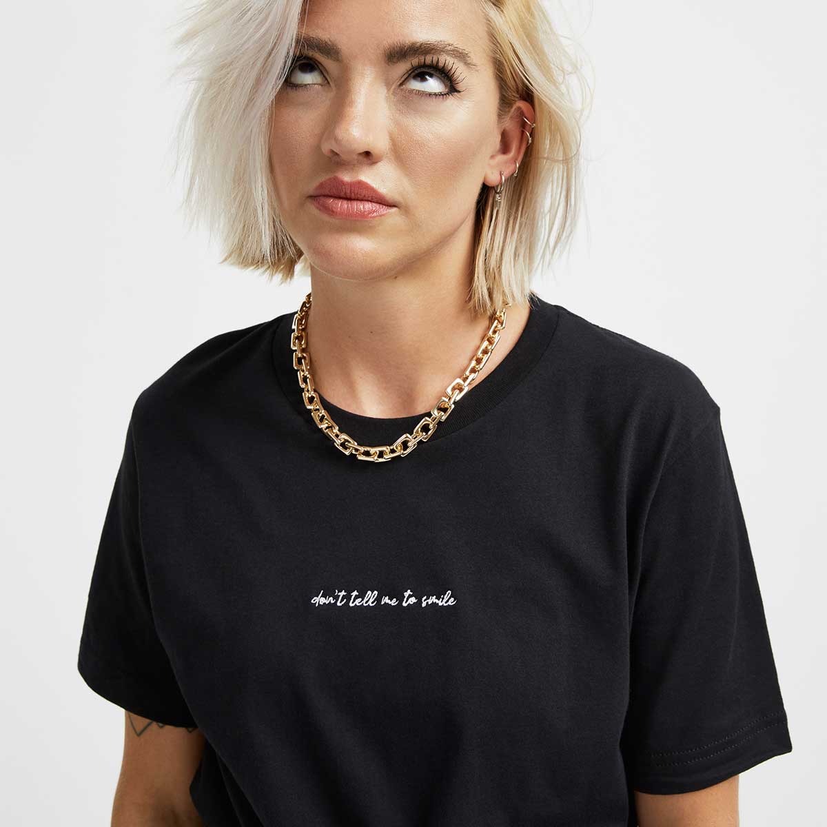 Don't Tell Me To Smile Embroidered T-Shirt-Feminist Apparel, Feminist Clothing, Feminist T Shirt, BC3001-The Spark Company