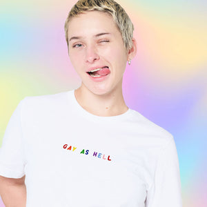 Gay As Hell Embroidery Detail T-Shirt-LGBT Apparel, LGBT Clothing, LGBT T Shirt, BC3001-The Spark Company