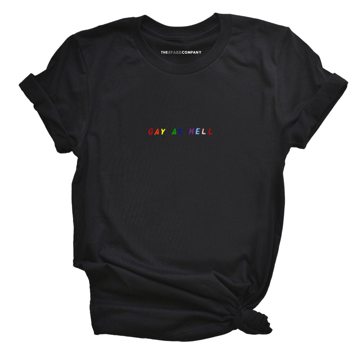 Gay As Hell Embroidery Detail T-Shirt-LGBT Apparel, LGBT Clothing, LGBT T Shirt, BC3001-The Spark Company