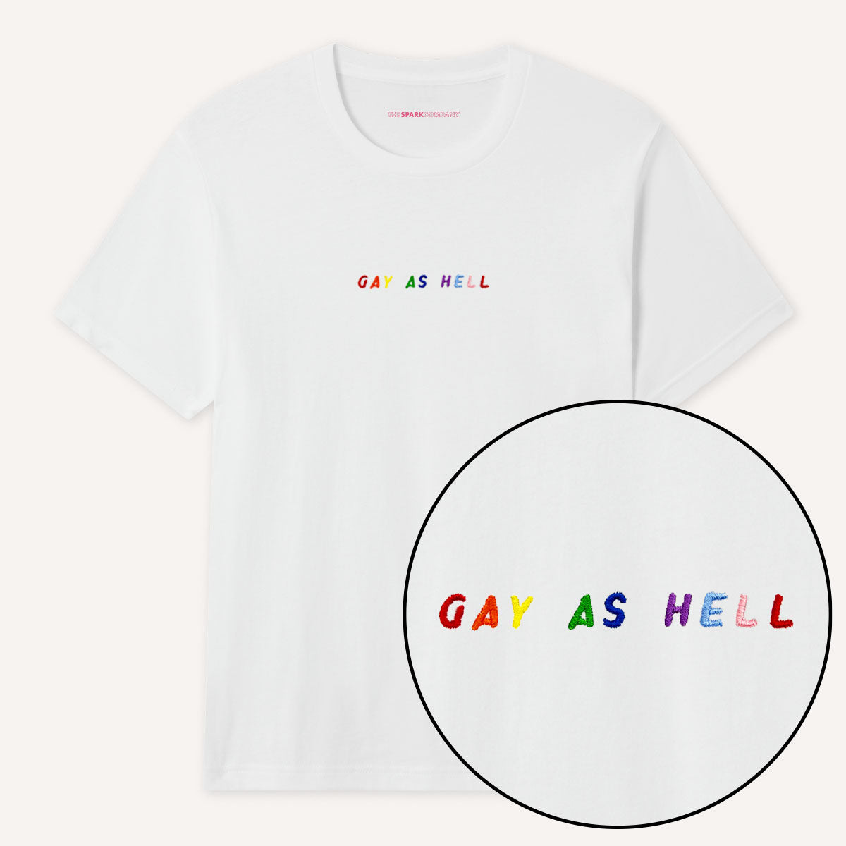 Gay As Hell Embroidery Detail T-Shirt-LGBT Apparel, LGBT Clothing, LGBT T Shirt, BC3001-The Spark Company
