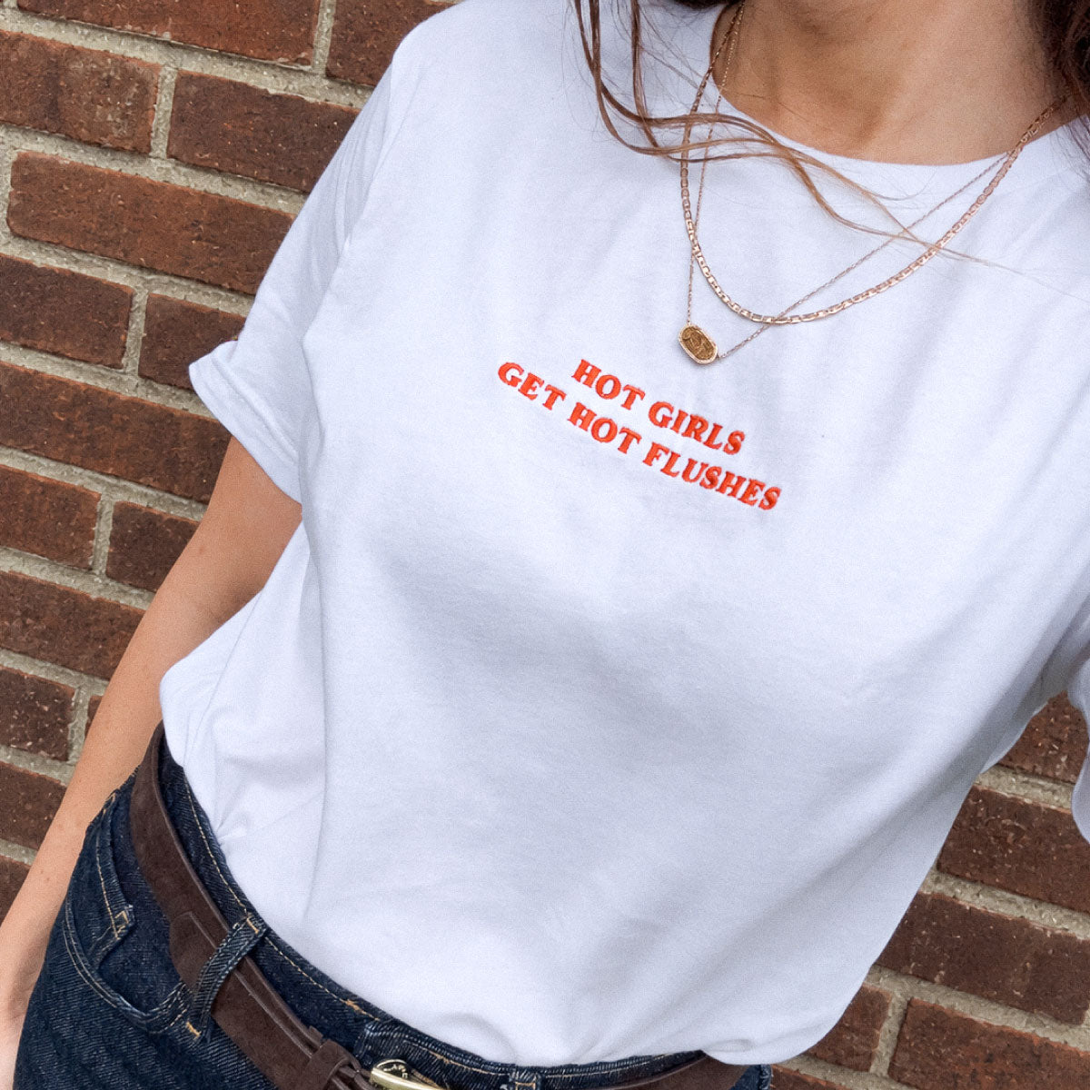 Hot Girls Get Hot Flushes Embroidered T-Shirt-Feminist Apparel, Feminist Clothing, Feminist T Shirt, BC3001-The Spark Company