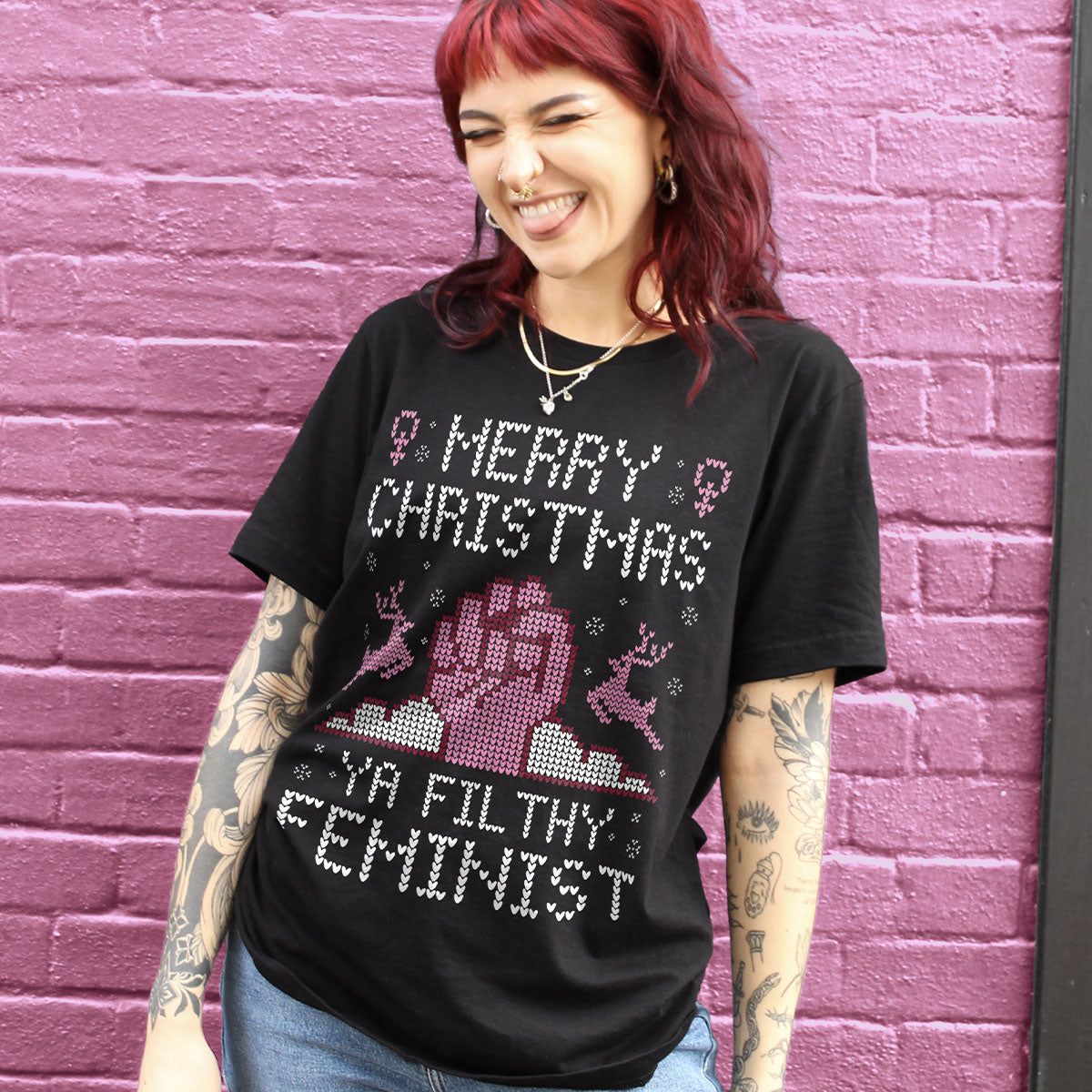Merry Christmas Ya Filthy Feminist Ugly Christmas T-Shirt-Feminist Apparel, Feminist Clothing, Feminist T Shirt, BC3001-The Spark Company