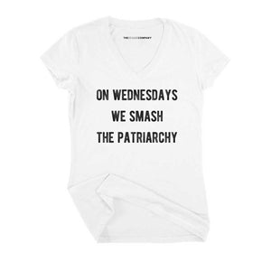 On Wednesdays We Smash The Patriarchy Fitted V-Neck T-Shirt-Feminist Apparel, Feminist Clothing, Feminist Fitted V-Neck T Shirt, Evoker-The Spark Company