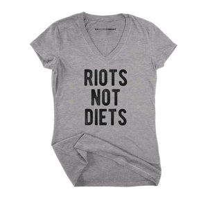 Riots Not Diets Fitted V-Neck T-Shirt-Feminist Apparel, Feminist Clothing, Feminist Fitted V-Neck T Shirt, Evoker-The Spark Company