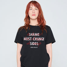 Load image into Gallery viewer, Shame Must Change Sides T-Shirt-Feminist Apparel, Feminist Clothing, Feminist T Shirt, BC3001-The Spark Company