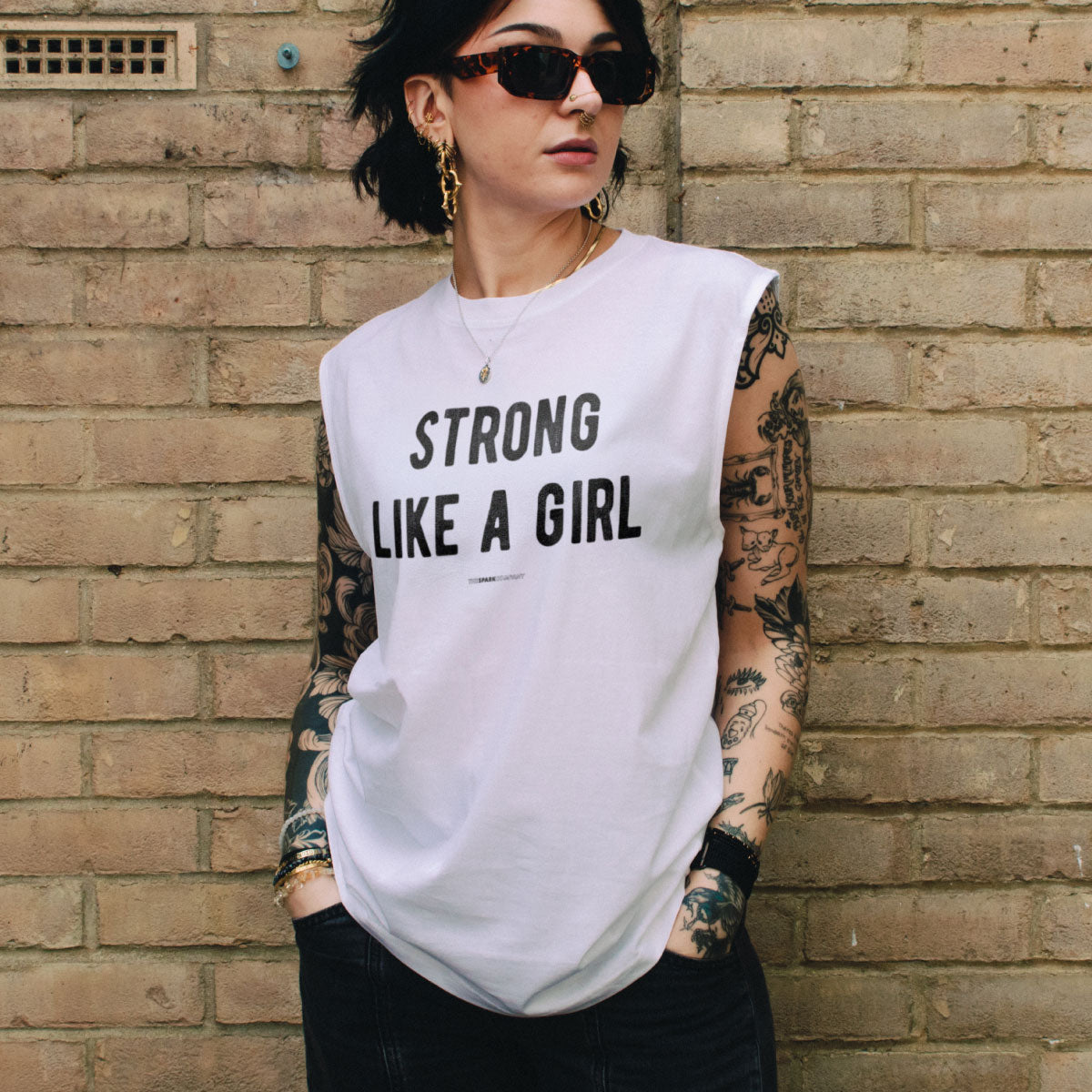 Strong Like A Girl Sleeveless T-Shirt-Feminist Apparel, Feminist Clothing, Feminist Sleeveless T Shirt, EP01S-The Spark Company