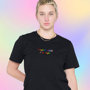 Thank God I'm Gay Embroidery Detail T-Shirt-LGBT Apparel, LGBT Clothing, LGBT T Shirt, BC3001-The Spark Company
