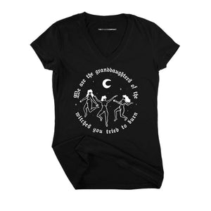 We Are The Granddaughters Of The Witches You Tried To Burn Fitted V-Neck T-Shirt-Feminist Apparel, Feminist Clothing, Feminist Fitted V-Neck T Shirt, Evoker-The Spark Company