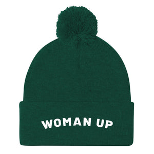 Woman Up Embroidered Pom Pom Beanie Hat-Feminist Apparel, Feminist Gift, Feminist Pom Pom Beanie Hat, BB426-The Spark Company