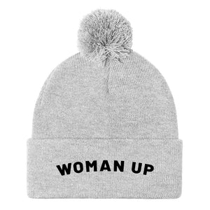 Woman Up Embroidered Pom Pom Beanie Hat-Feminist Apparel, Feminist Gift, Feminist Pom Pom Beanie Hat, BB426-The Spark Company