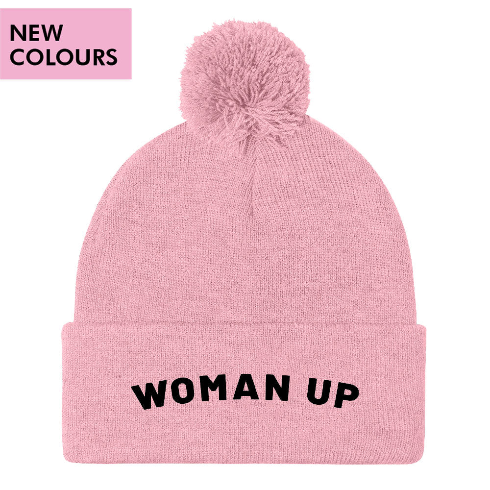 Woman Up Embroidered Pom Pom Beanie Hat-Feminist Apparel, Feminist Gift, Feminist Pom Pom Beanie Hat, BB426-The Spark Company