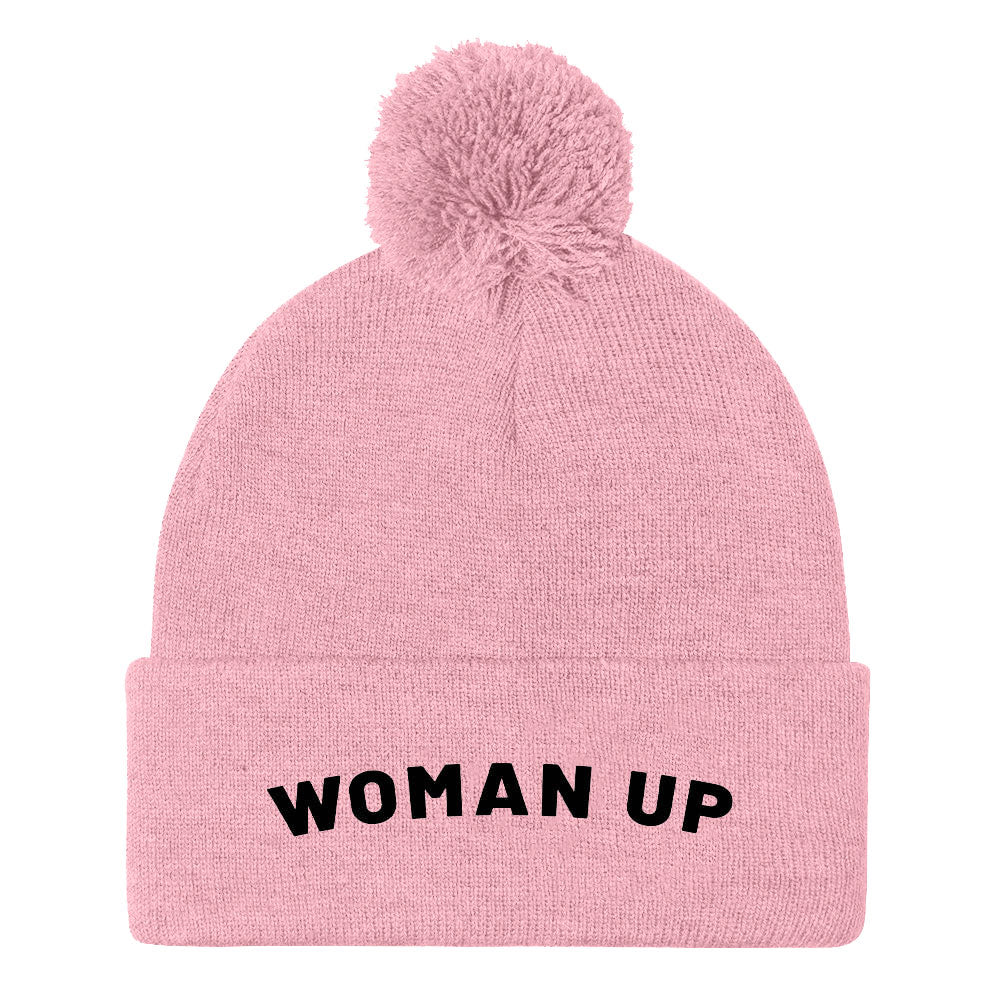 Woman Up Embroidered Pom Pom Beanie Hat-Feminist Apparel, Feminist Gift, Feminist Pom Pom Beanie Hat, BB426-The Spark Company