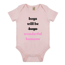 Load image into Gallery viewer, Boys Will Be Wonderful Humans Babygrow-Feminist Apparel, Feminist Clothing, Feminist Baby Onesie, EPB02-The Spark Company