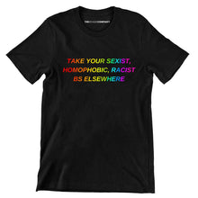 Load image into Gallery viewer, Take Your BS Elsewhere Rainbow Men&#39;s T-Shirt-Feminist Apparel, Feminist Clothing, Men&#39;s Feminist T Shirt, BC3001-The Spark Company